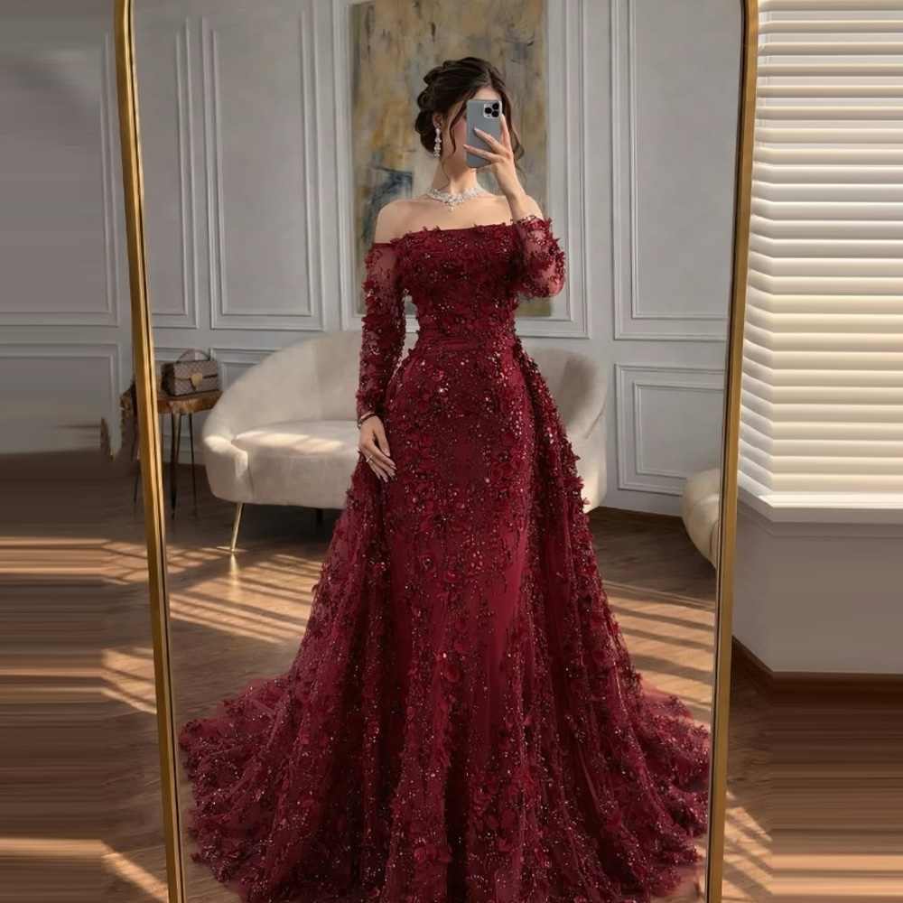 カスタマイズされたブルゴーニュウエディングドレスオフショルダー 3D 花アップリケマーメイドイブニングドレスオーバースカート女性の結婚式のフォーマルな機会