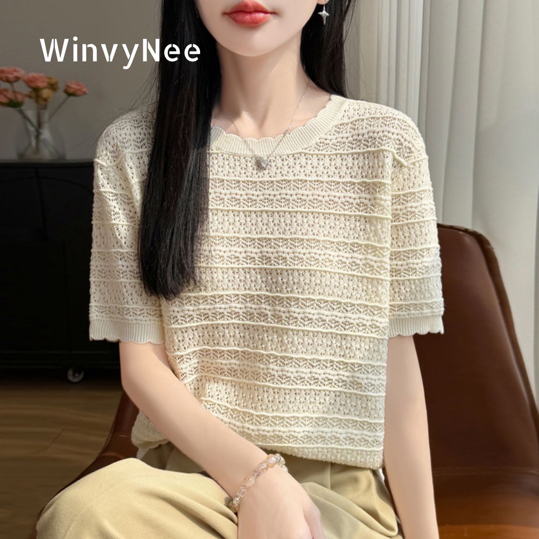 WinvyNee 女性服細針梳毛ウール O ネック中空かぎ針編み半袖 Tシャツプルオーバーストリートトップスデイリー ZA1807006