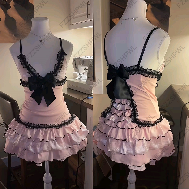 ストリート Y2K ドレスちょう結び原宿ヴィンテージ雰囲気レースプリーツスカートファッション甘いスタイル中かっこスカートゴシックミニスカートヒップホップ