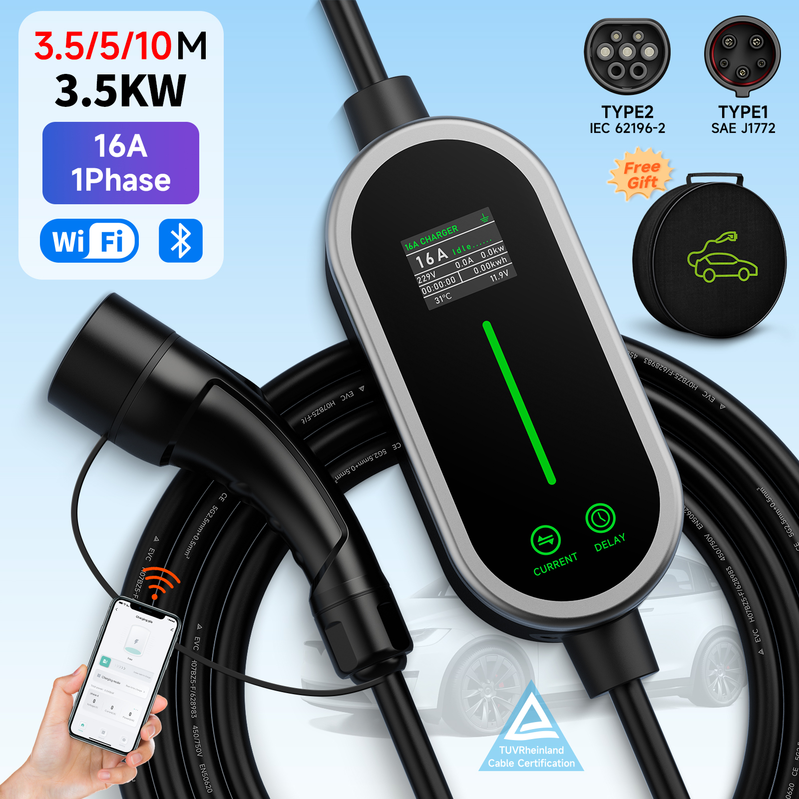 3.5KW 16A ポータブル EV 充電器タイプ 2/タイプ 1 電気自動車充電器 EVSE 高速充電ケーブルウォールボックス WiFi アプリ Bluetooth 制御