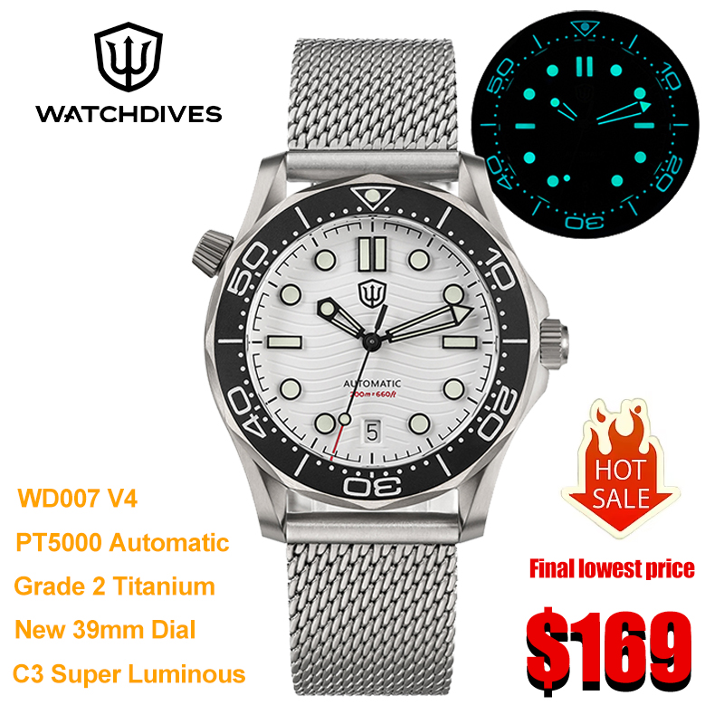 Watchdives WD007 V2 39 ミリメートルチタンメンズ腕時計 PT5000 機械式自動巻きムーブメントドーム型サファイアクリスタル超発光時計