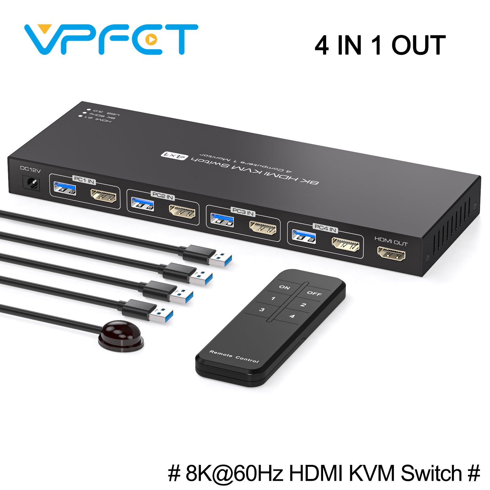 HDMI KVM スイッチ コンピュータ 4 台 モニター 1 台 USB 3.0 ハブ スイッチ HDMI 2.1 8K@60Hz HDCP 2.3 をサポート 共有キーボード マウス モニター VPFET