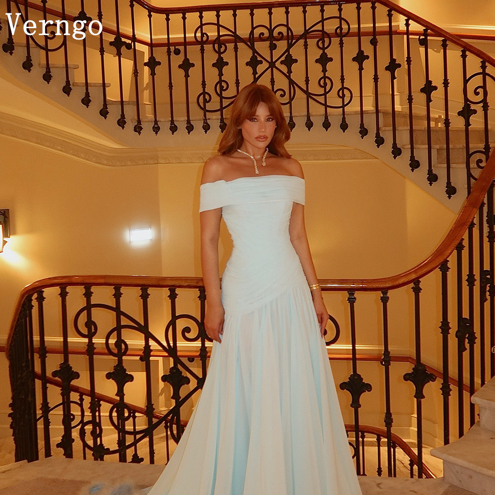 Verngo グリーンシフォンイブニングドレスオフショルダー A ラインフォーマルオケージョンドレス女性エレガントな控えめなウエディングドレスカスタマイズ