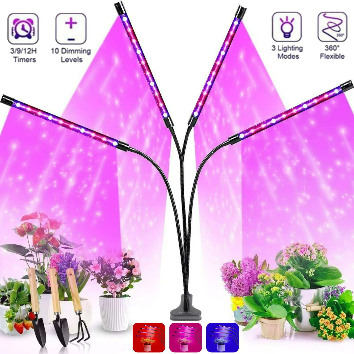 LED 植物成長ライト 10 レベル調整可能な明るさのフルスペクトル 3H/9H/12H 時限式屋内庭野菜成長ライト