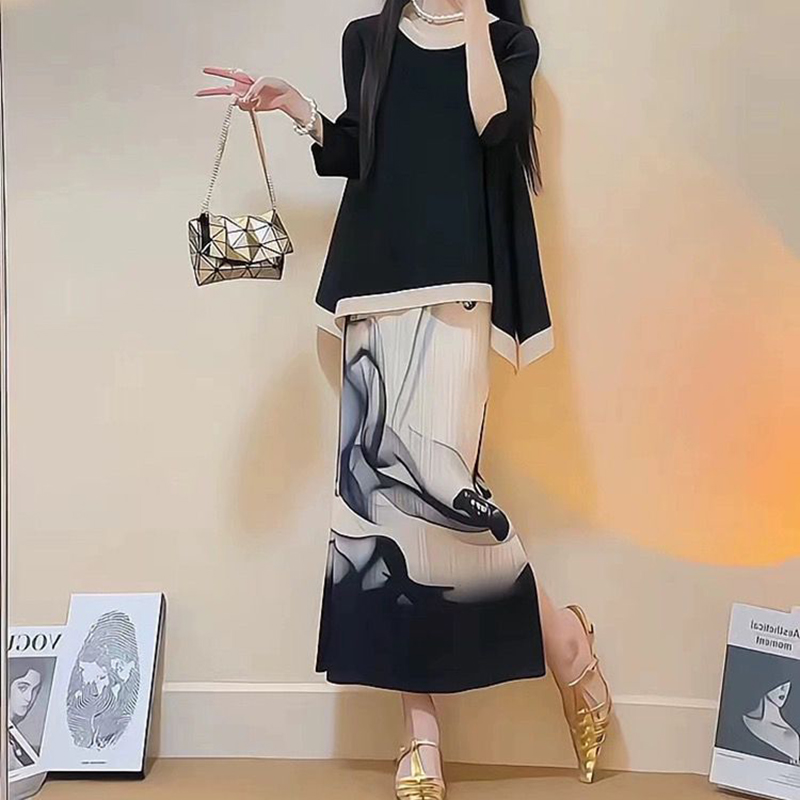 ツーピーススカート夏の新しいファッションとレジャージョーカー高級黒インクプリントドレス高度なスーツ