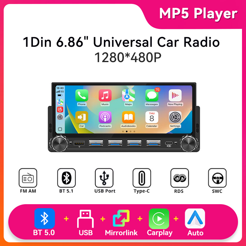 6.86 インチカーラジオワイヤレス CarPlay Android 自動 MP5 Bluetooth5.1 AM FM USB IPS タッチスクリーンマルチメディアプレーヤーユニバーサル 1Din