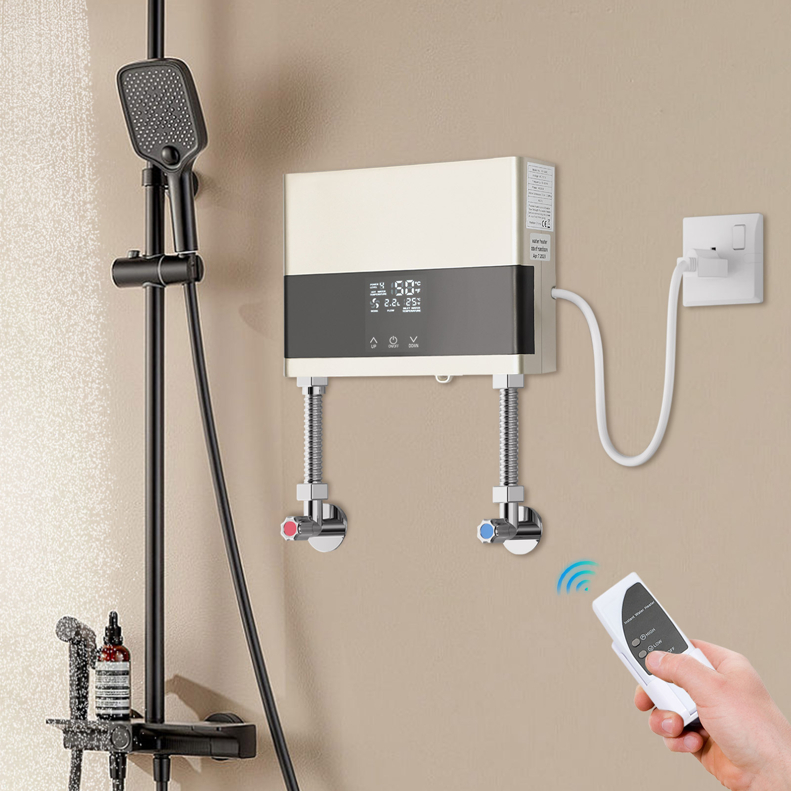 スマート電気温水器、1300-4000W調整可能な電力、インスタント給湯、タッチスクリーン温度制御、リモコン