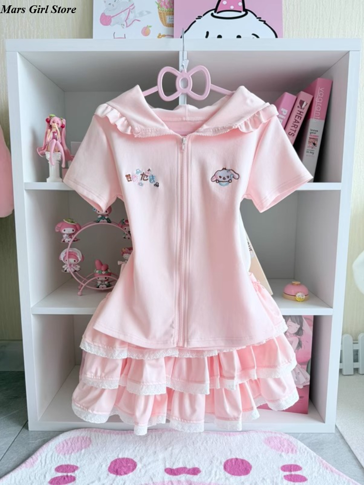 日本のかわいいロリータ 2 個セット女性甘いウサギの耳ジッパーフード付きトップスかわいいケーキミニスカート原宿 Y2k 衣装夏