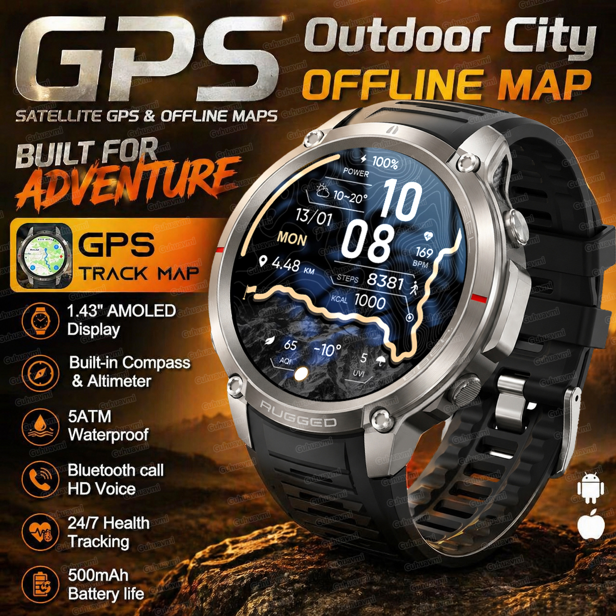 2026新しい屋外 GPS スマートウォッチオフラインマップダウンロードコンパス追跡 5ATM 防水戦術スポーツスマートブレスレット男性用ギフト