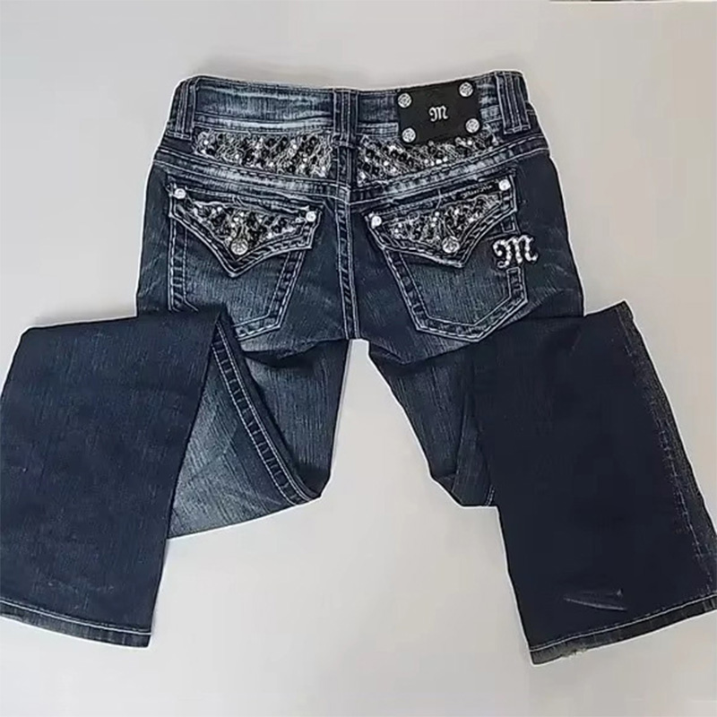 ストリートヴィンテージジーンズ Y2K 服レディースポケットスパンコール洗浄ブルースリムフィットジーンズセクシーな女の子ローウエストゴス原宿ズボン