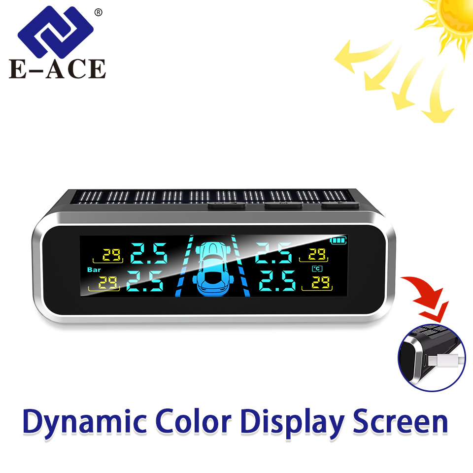 E-ACE ワイヤレス車のタイヤ空気圧モニターシステム ダイナミックカラー表示画面 AutoTyre 温度 USB / ソーラー 4 センサー TPMS