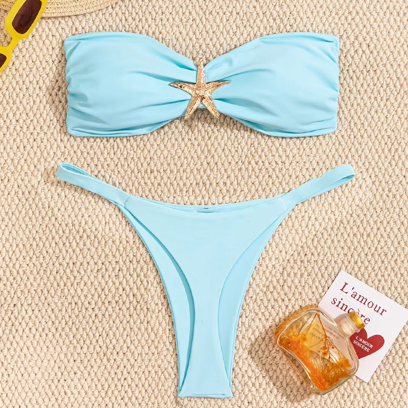セクシーなバンドゥビキニセット 2026 女性スカイブルーヒトデ飾りプッシュアップ Tバック水着ブラジルビーチ水着マイクロ水着
