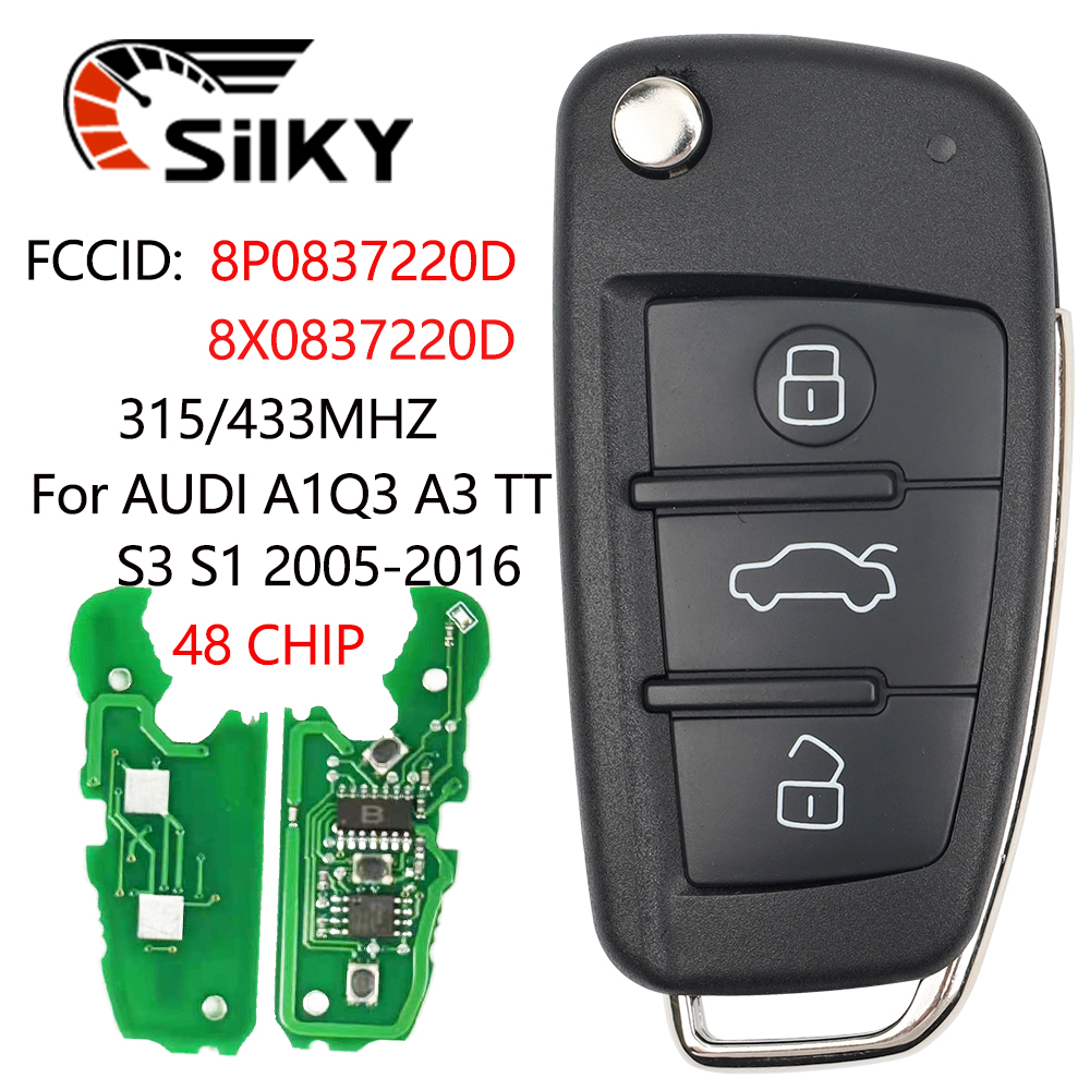 SilKY 車のリモートキー 3 ボタンアウディ A3 TT S3 A4 S4 2005-13 年 8P0837220D 8X0837220D 434Mhz 48 チップ自動スマートフリップキー