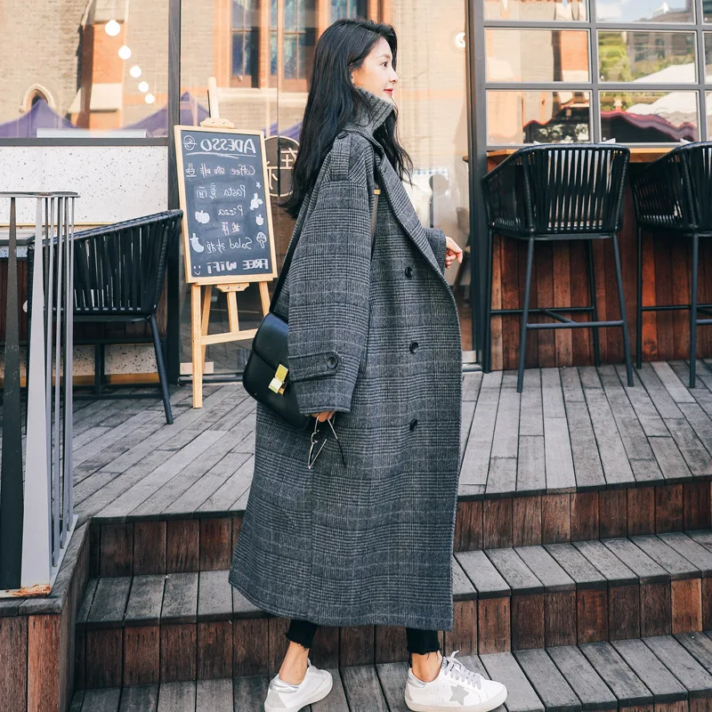 2021 Winter New Woolen Coat Women Plaid Long Korean Version Loose Coats Wrap Wool And Mixes Elegant Female Blazer Heads Gowns