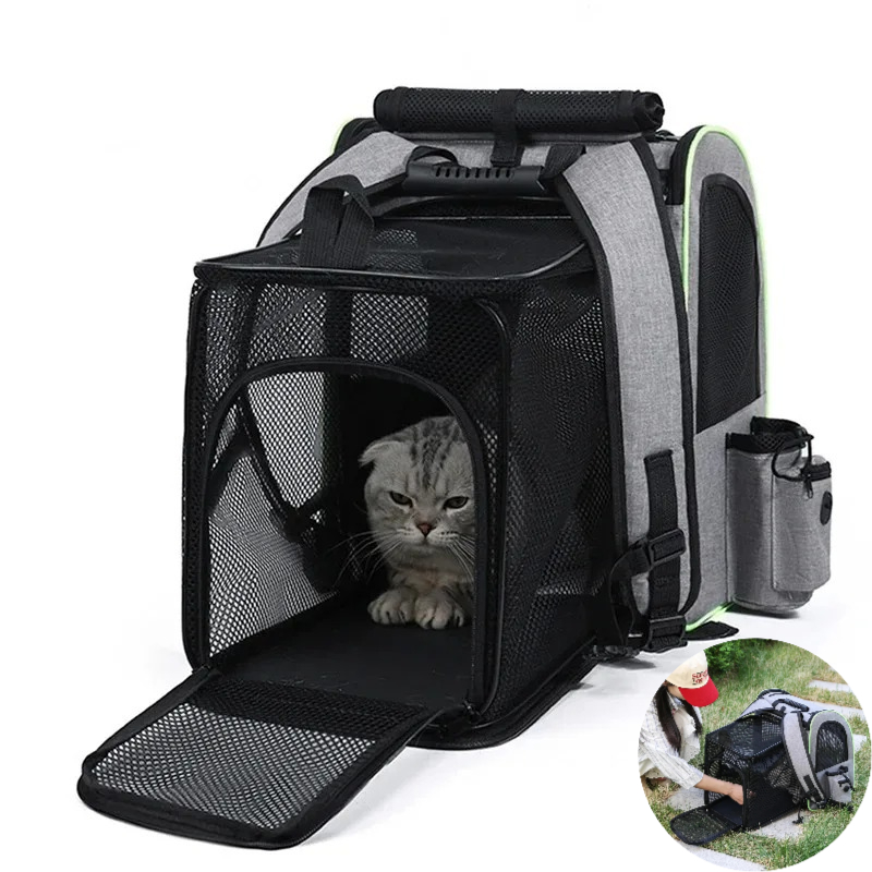 1PC 猫キャリアバックパック、シェードカバー付き拡張可能な猫バックパック、通気性メッシュペットキャリアバックパック、旅行ハイキングカンピ用。
