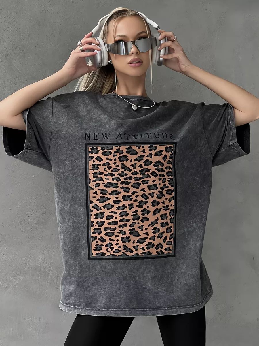 綿洗浄 Tシャツ女性のための新しい態度ファッションヒョウ柄トップスルーズ O ネック特大半袖 Y2k 女性服