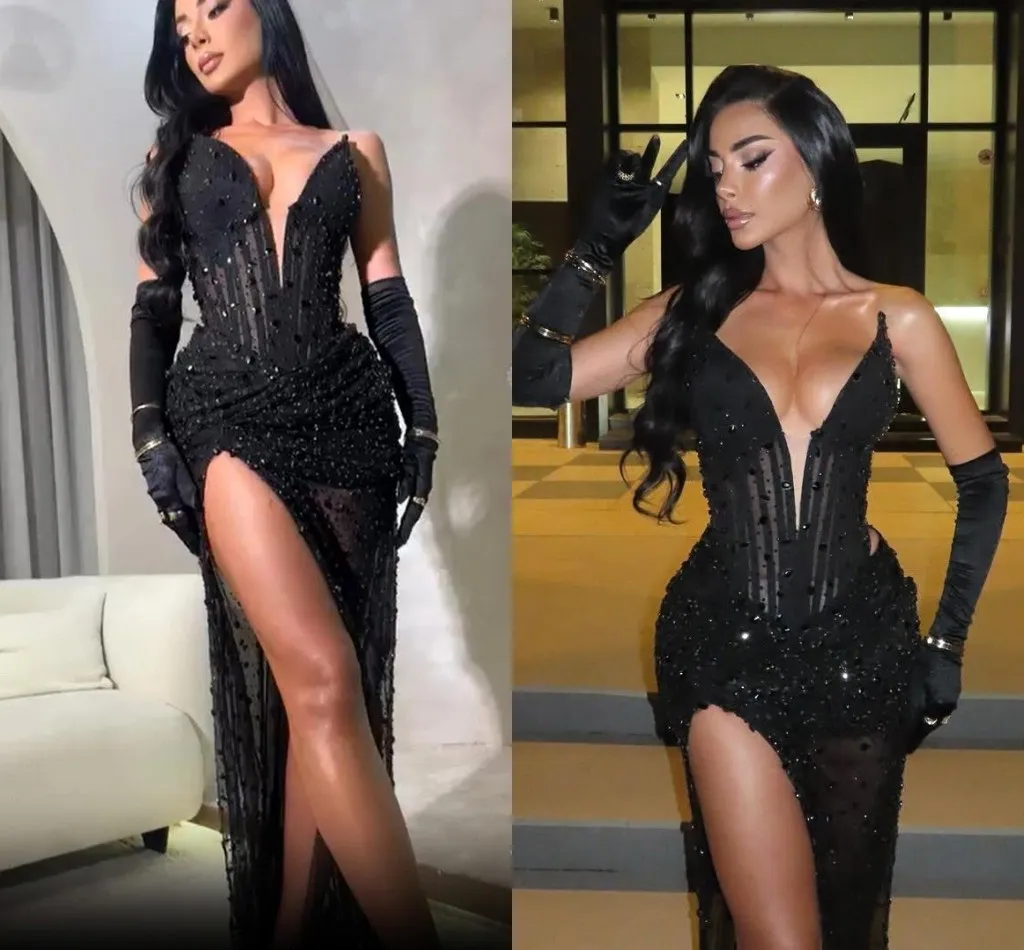 セクシーな黒のスプリットイブニングドレス恋人急落 V ネックビーズスパンコール女性フォーマルパーティー行事ローブウエディングドレス