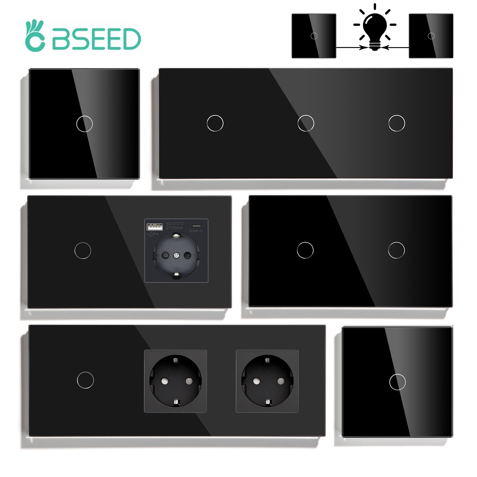 BSEED 1/2/3Gang Stair Touch Switches 1/2/3Way Pass Through Switches Plus EU Power Sockets Type-c USB Plugs Crystal Glass Panel