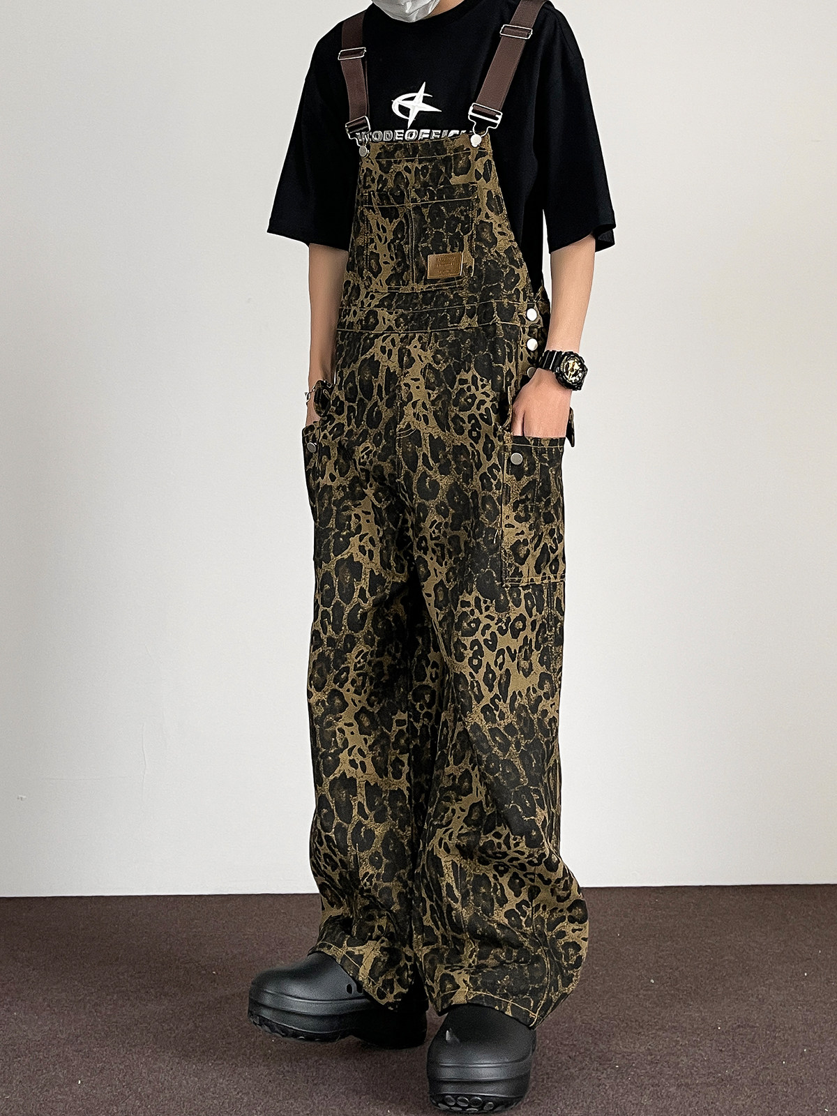 Men's Leopard Print Denim Overalls American Spring Summer Casual Fashion Street Style Retro Loose Spaghetti Strap Jeans