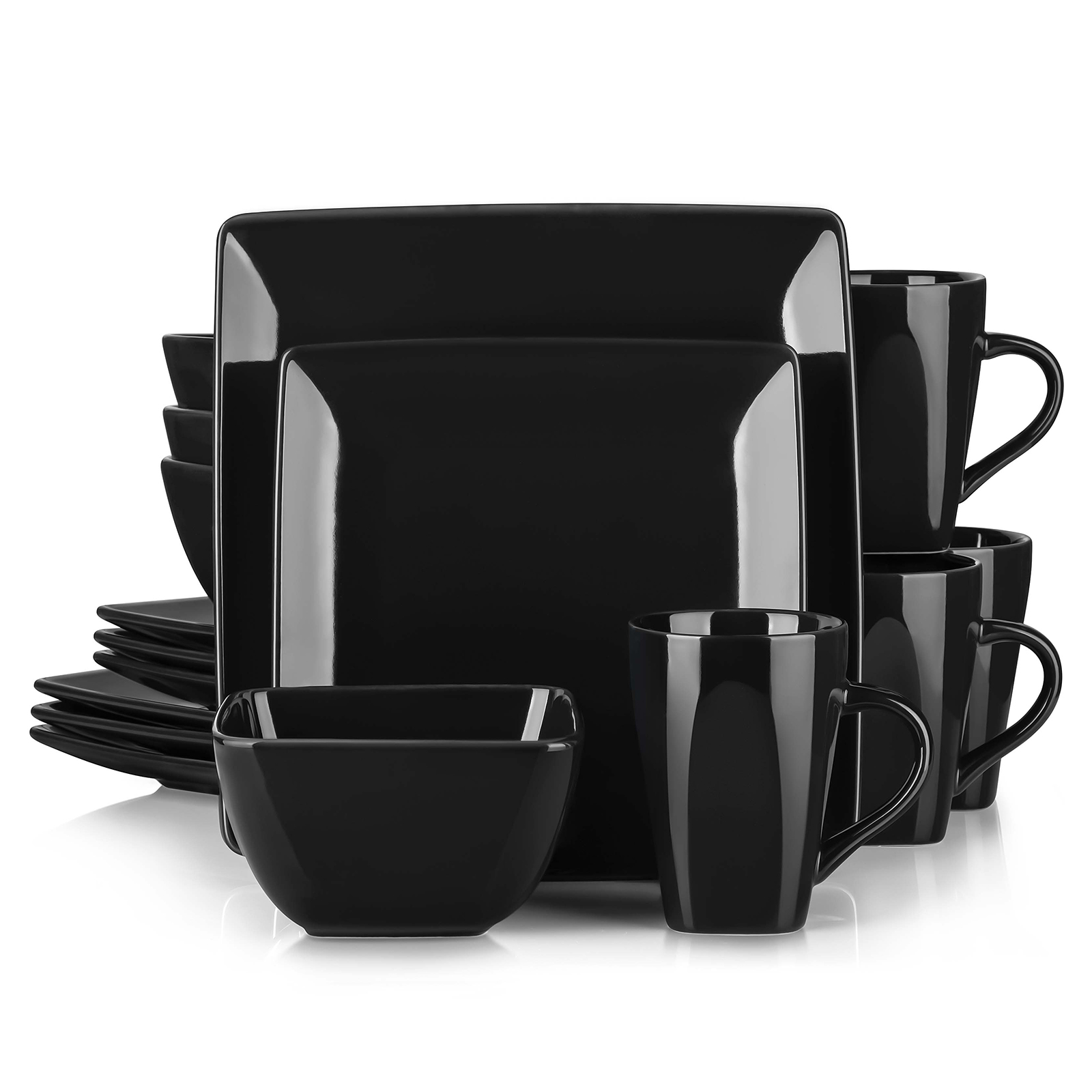 Vancasso SOHO 16/32/48 ピース ブラック セラミック磁器 スクエア 食器セット ディナープレート、デザートプレート、ボウル、240ml マグセット付き