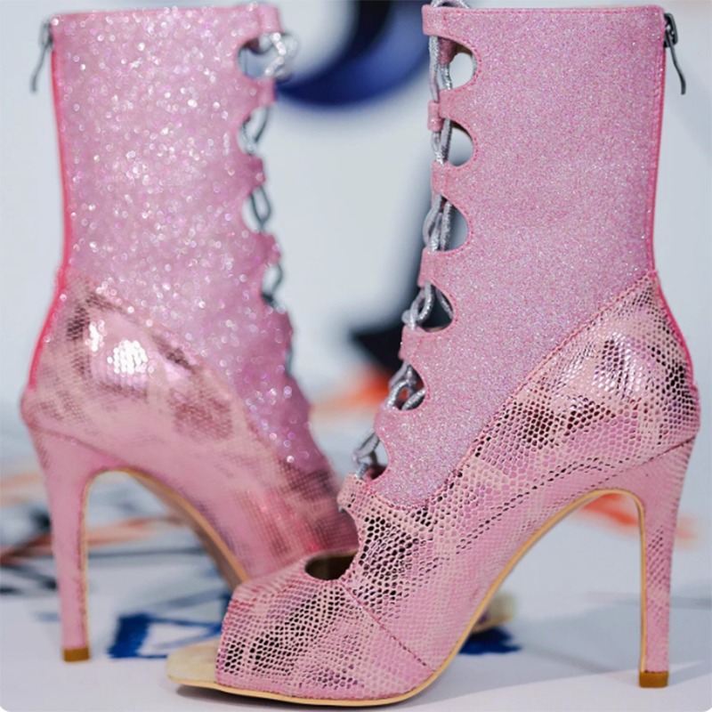 Women snake pattern glitter high-heeled short boots pump heels Latin jazz pole dance dance shoes for woman plus size 8.5/9.5cm