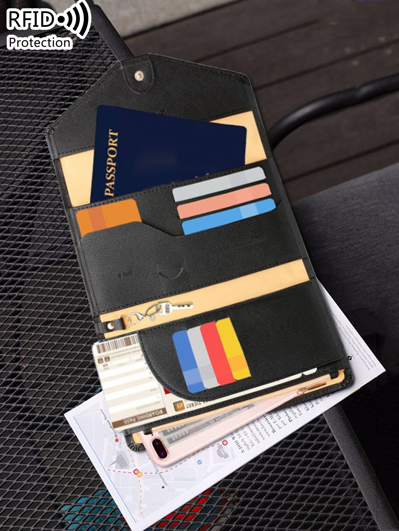 トラベルウォレット RFID パスポート クレジットカードホルダー 多機能 ID/現金/家族パスポートセット パスポートクリップ 男性と女性用