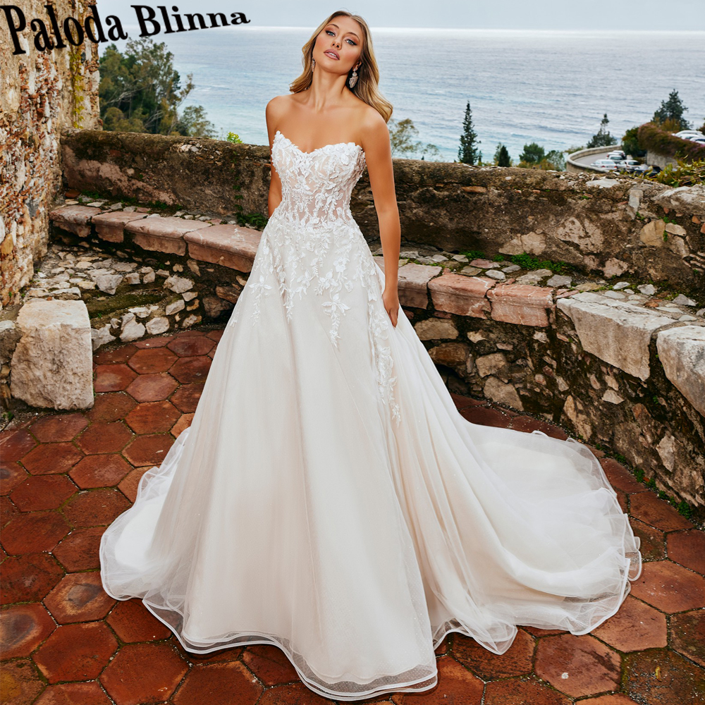 Paloda ファッショナブルなストラップレスのウェディングドレス女性のためのノースリーブレースアップリケプリーツ Vestidos デノビアブライダルドレスカスタマイズ