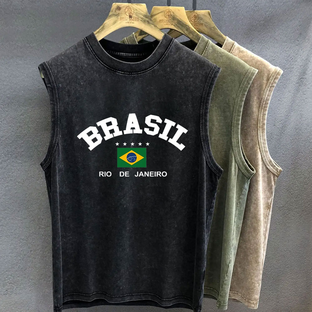 特大 Tシャツ男性ヴィンテージウォッシュブラジルグラフィックプリントタンクトップノースリーブベスト女性ジム Y2k 服ストリート夏