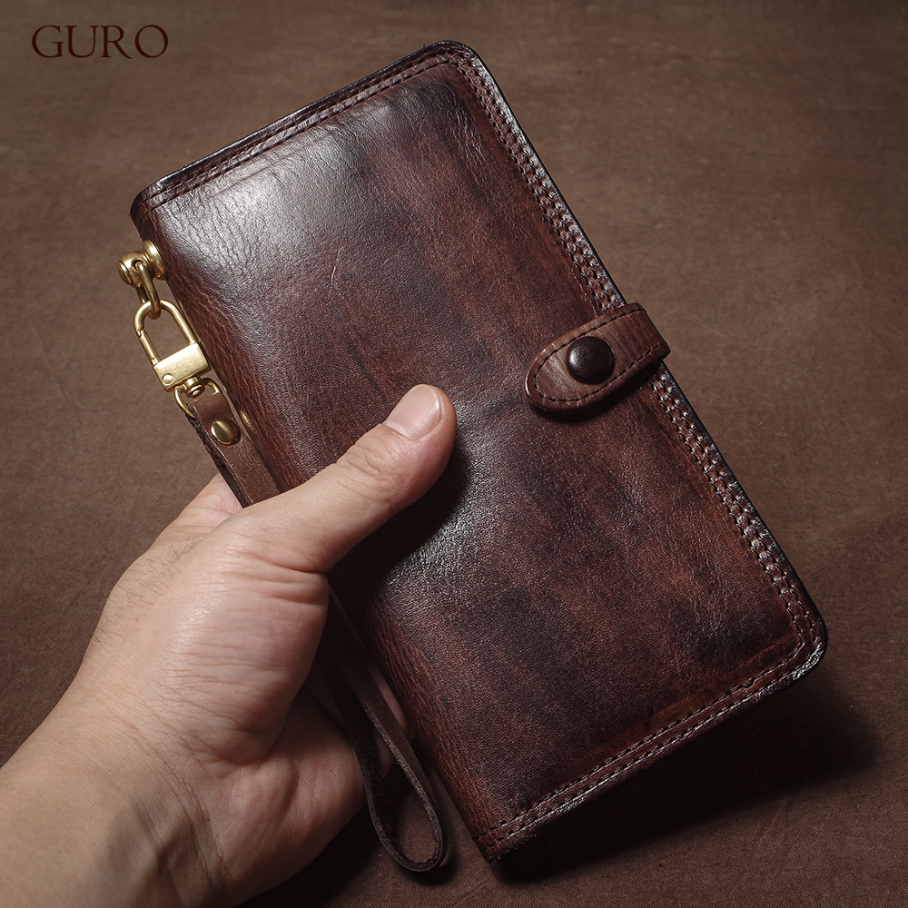 GURO 本革長財布ヴィンテージハンドメイド牛革クラッチリストレットマルチクレジットカードスロット二つ折りオーガナイザーメンズ