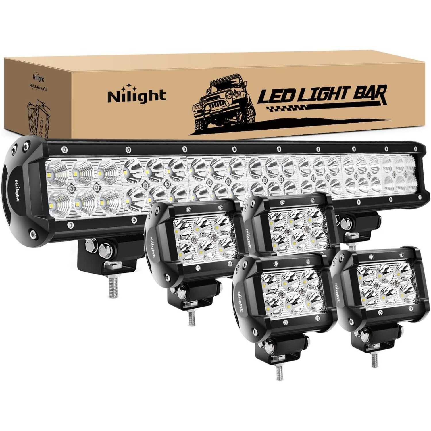 Nilight - ZH003 20インチ 126W スポットフラッドコンボ LED ライトバー 4 個 4 インチ 18W スポット LED ポッド フォグランプ ジープラングラー ボート トラック用