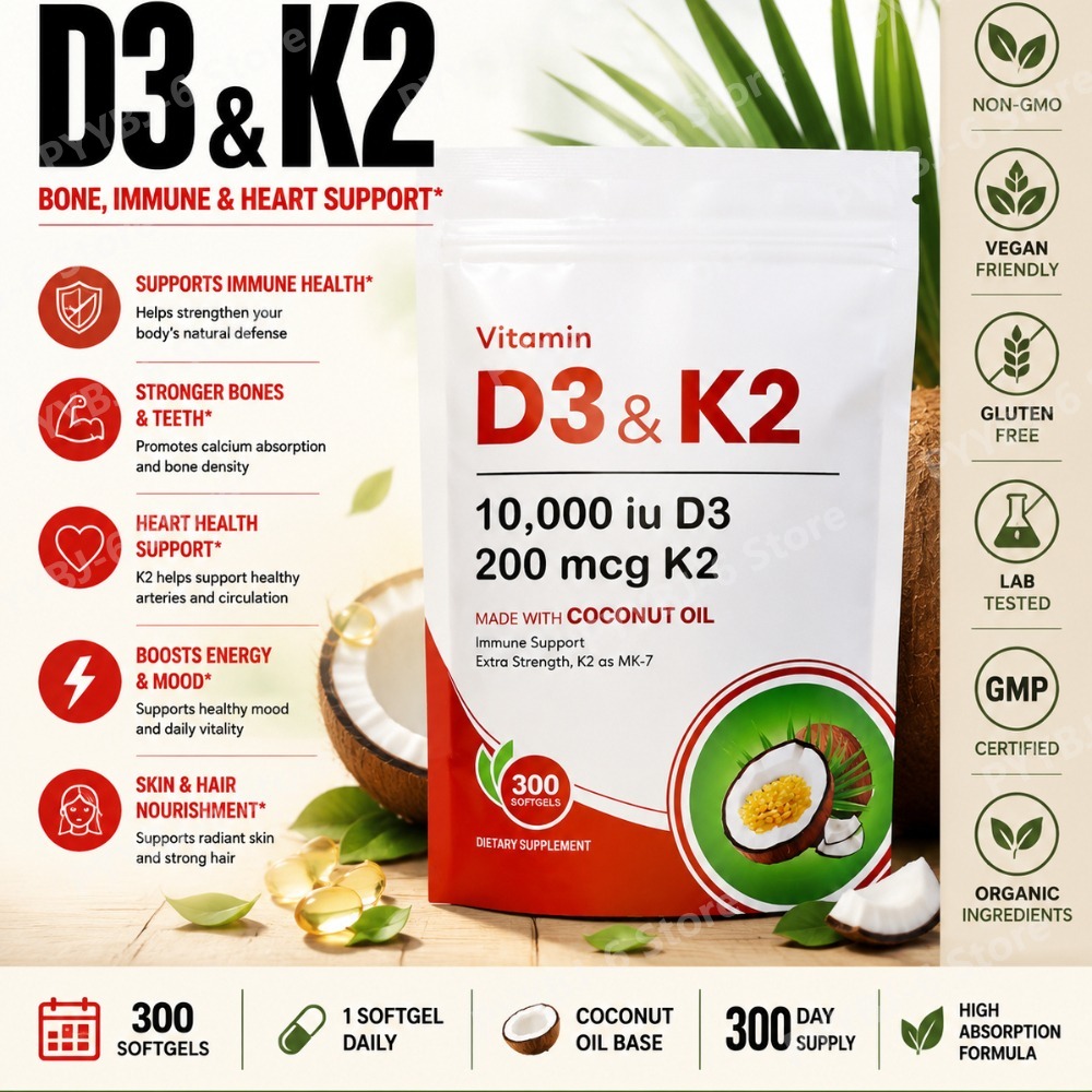 ビタミン D3 K2 サプリメント 10,000 IU D3 200mcg K2 MK7 ココナッツオイル配合 骨用高吸収ソフトジェル