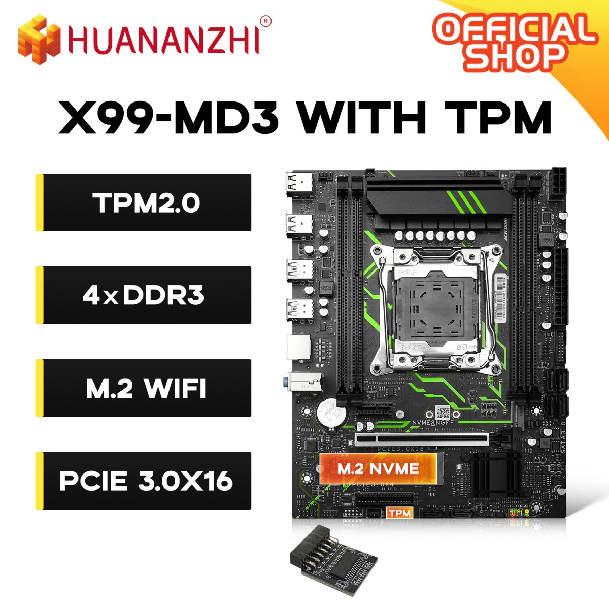 HUANANZHI X99-MD3 マザーボード TPM2.0 LGA2011-3 インテル Xeon E5 DDR3 128GB デュアル M2 NVME USB3 ATX