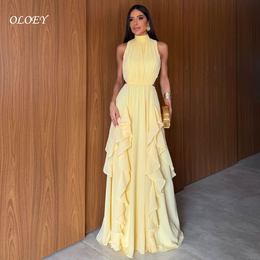 OLOEY Elegant Yellow Chiffon Evening Dresses Halter فساتين سهرة Draped Customized A-Line Exposed Waist Backless Prom Gowns
