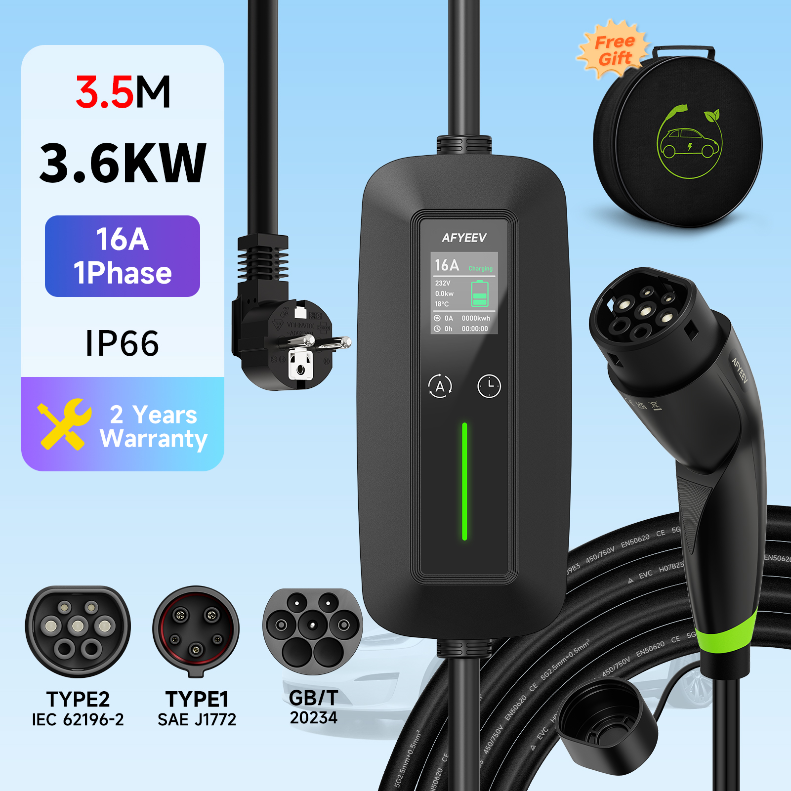 ポータブル Type2 IEC62196-2 EV 充電器 3600 ワット 16A Type1 SAE J1772 電気自動車の充電器 GB/T EVSE 充電ケーブルウォールボックス