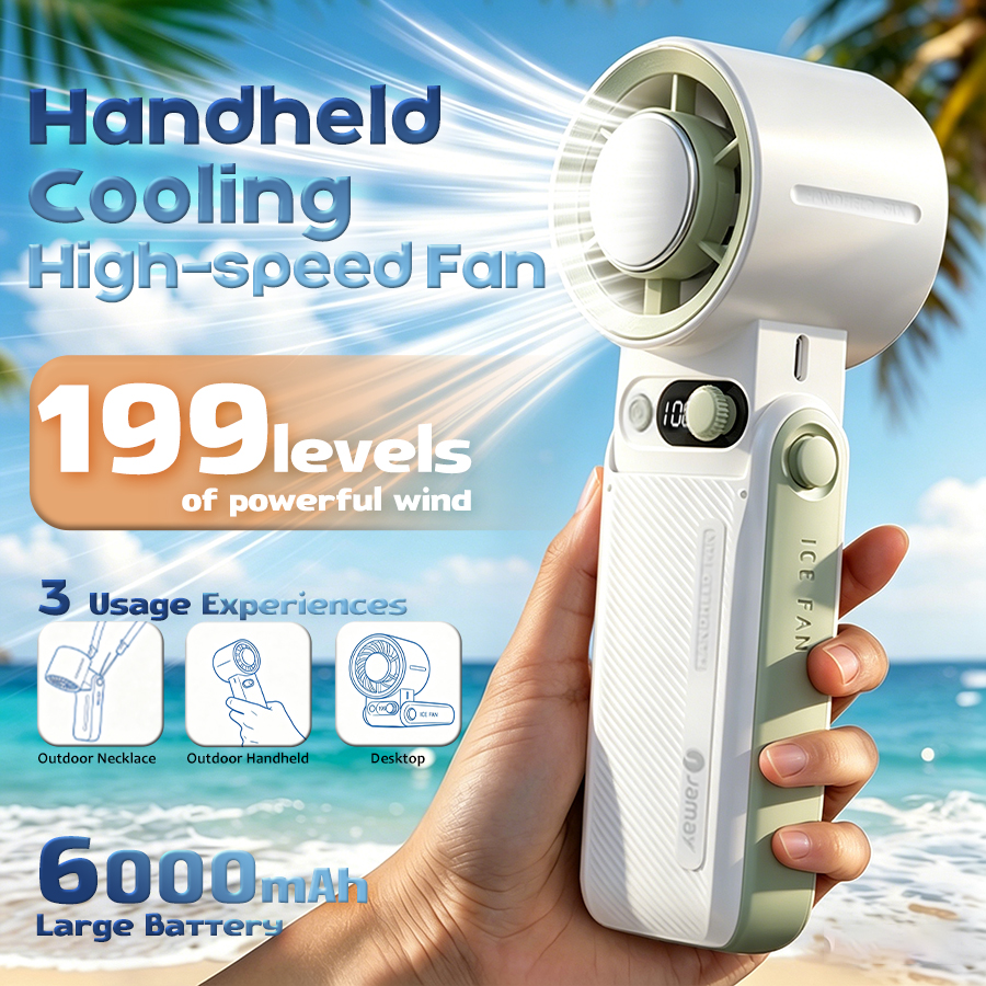 高速ハンドヘルドファン、199 スピード、6000mAh バッテリー、LED スクリーン、氷冷、ストラップ付きネックファン、折りたたみ式デスクトップ、ポータブル