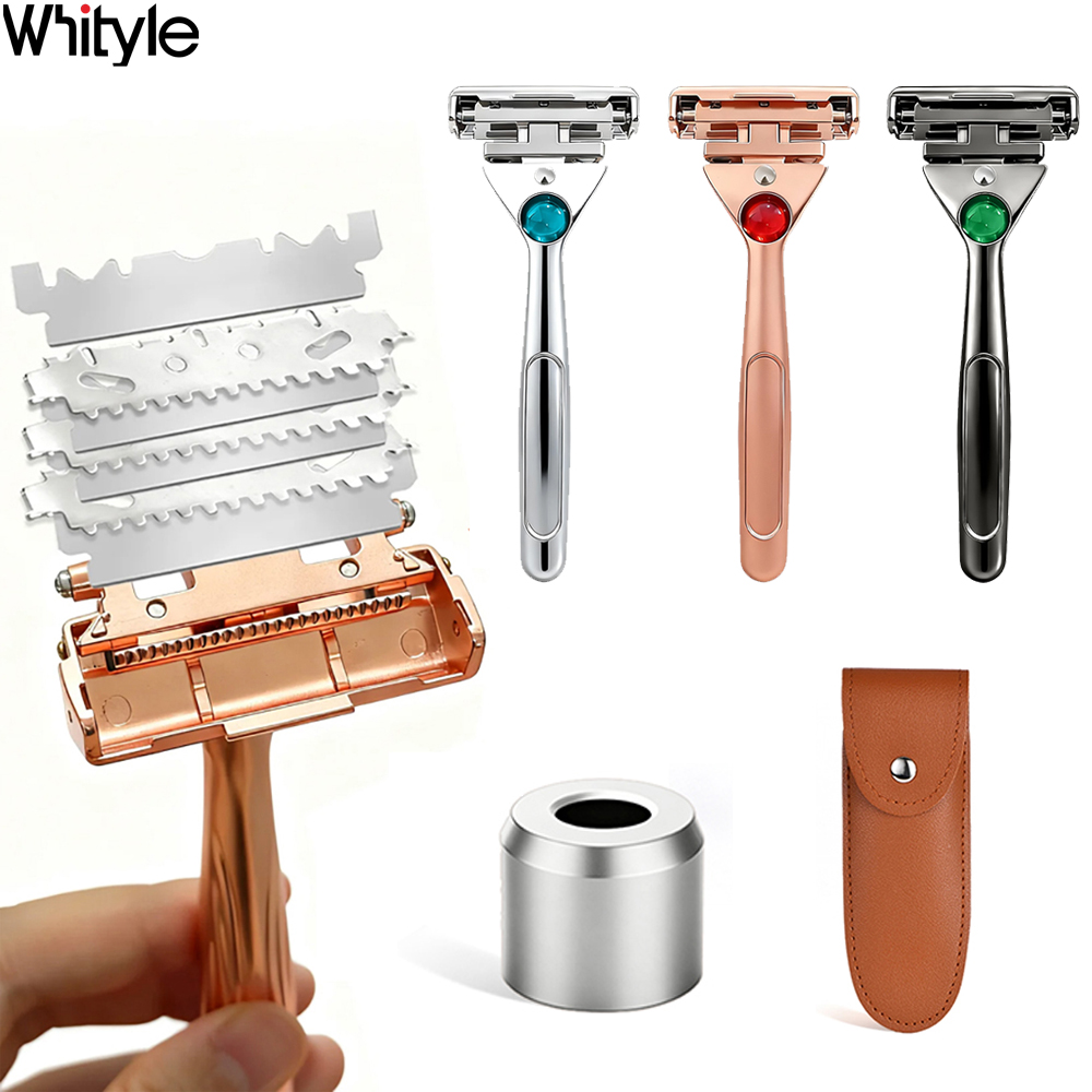 Whityle 24TS-2 Glide Pro 4D Premium Stainless Steel Eco-friend Shaver Cartridge Safety Body Shaving Razor with Stand Gift Set