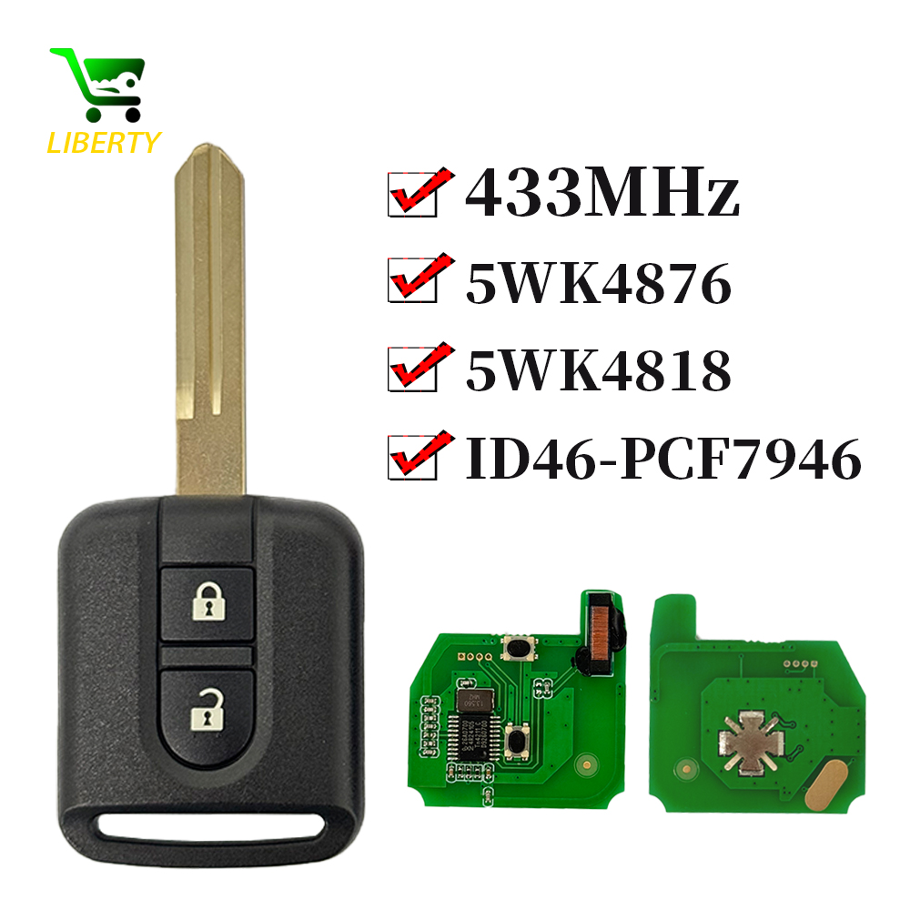 リバティ 5WK4 876/818 433MHz ID46 チップ PCF7946 キーフォブ日産エルグランドエクストレイルキャシュカイナバラマイクラノート NV200 リモートキー