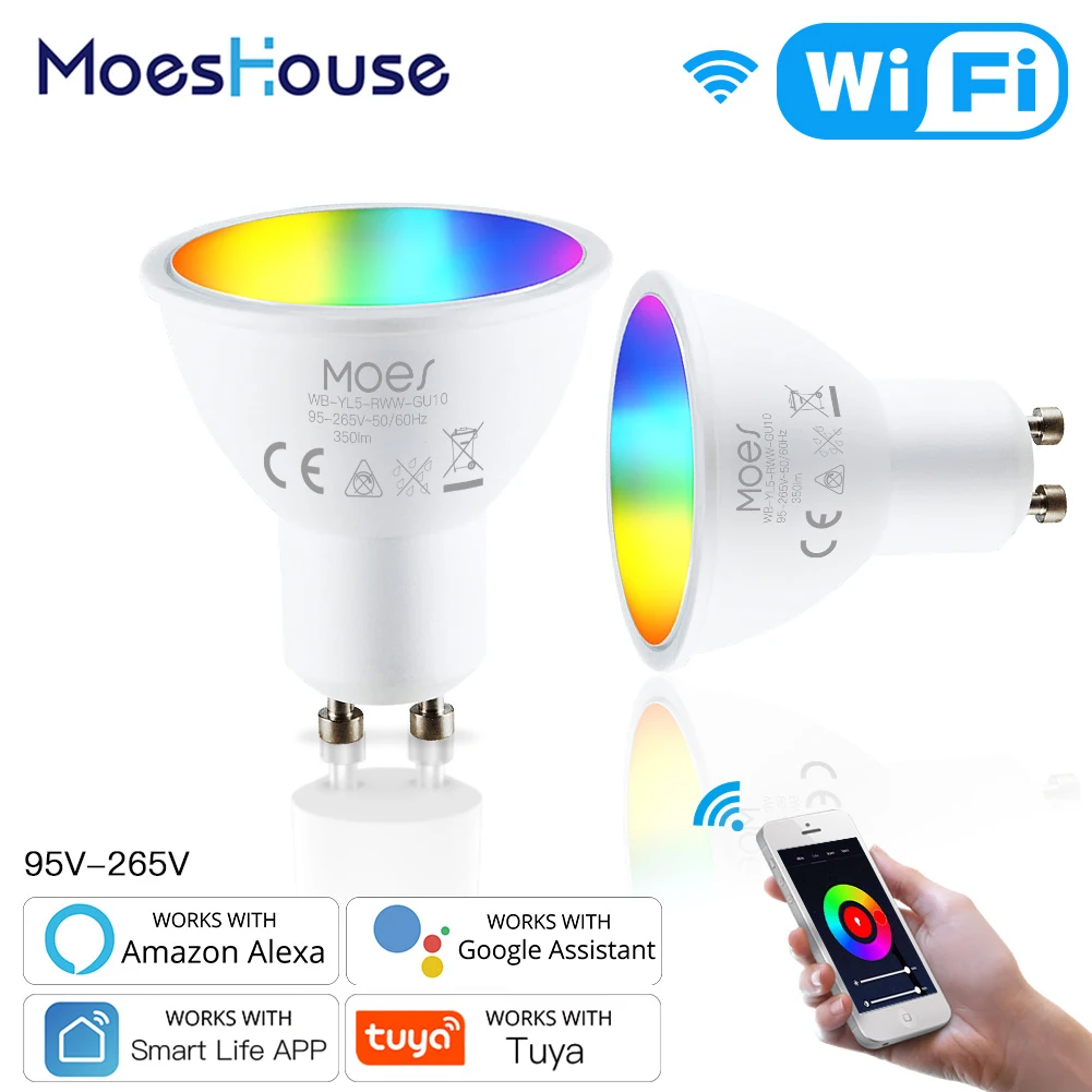 MoesHouse GU10 WiFi スマート LED 電球 RGBW C W ホワイト調光可能なランプ Life Tuya リモコン電球 Alexa/Google で動作