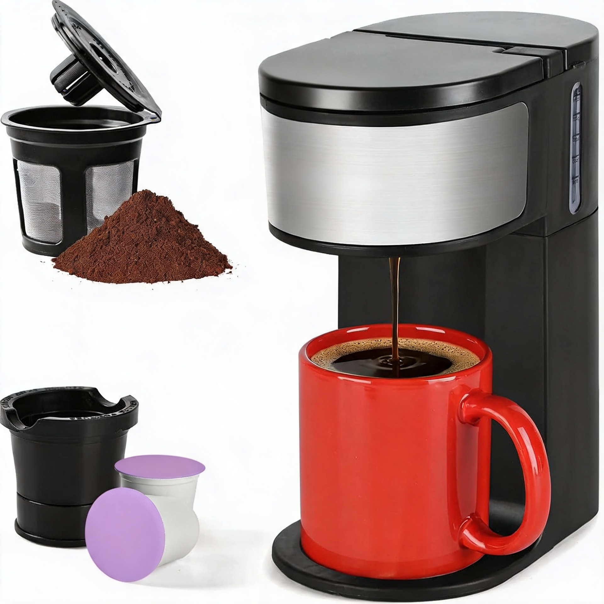 Kカップコーヒーメーカー、シングルサーブコーヒーマシンまたは挽いたコーヒーマシン2 in 1、6〜14オンスの抽出サイズ、ミニワンカップコーヒー