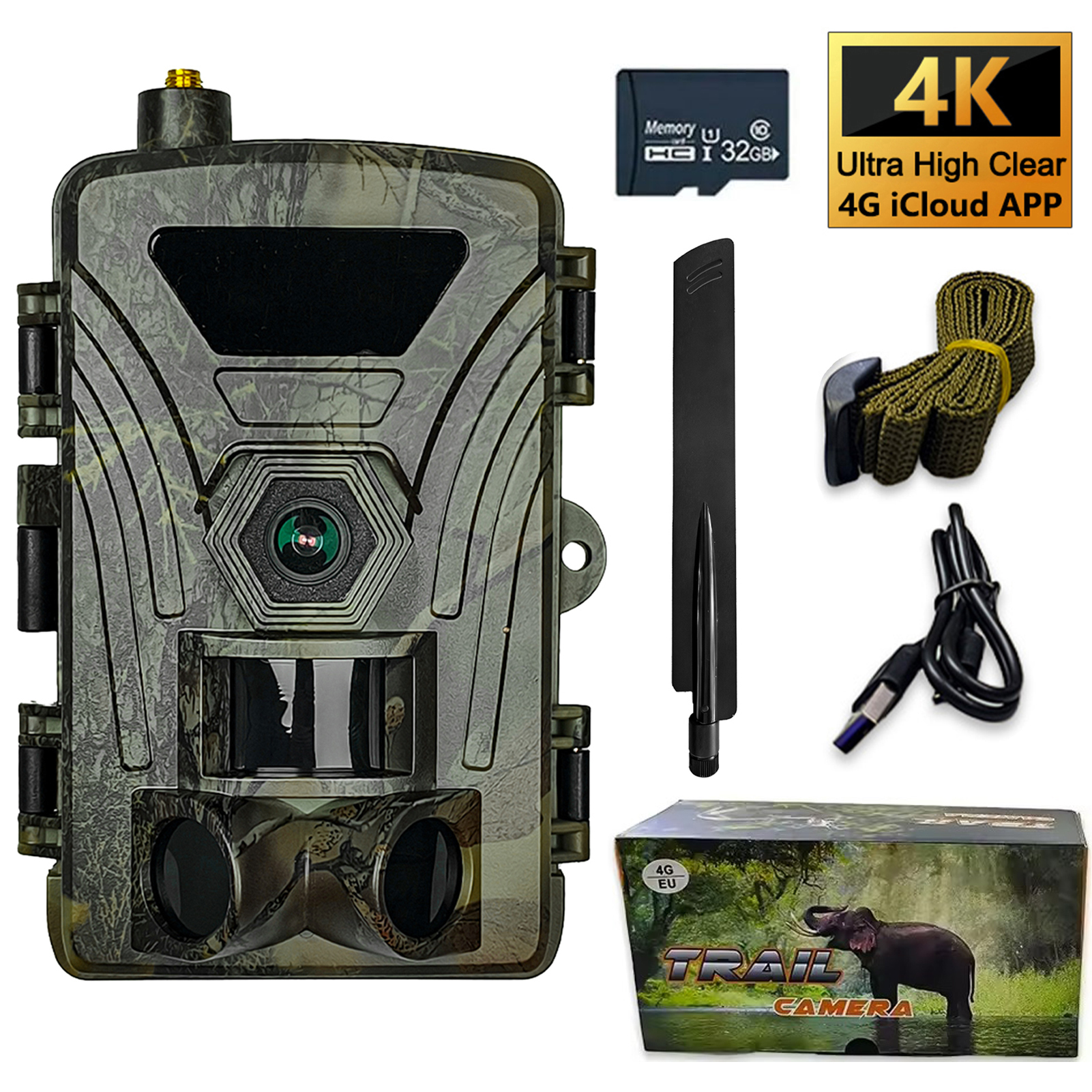 PR802LTE 4G トレイルカメラ 4K 狩猟カメラ SIM カード付き 60MP 写真 0.3 秒高速トリガー野生動物カメラ IR ナイトビジョンカメラ
