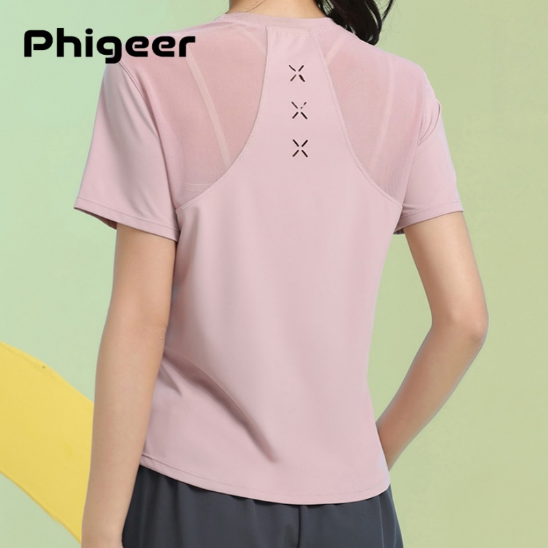 PHIGEER 女性ルースヨガトップス夏軽量速乾半袖ワークアウト Tシャツ通気性スポーツシャツジムウェアスポーツウェア
