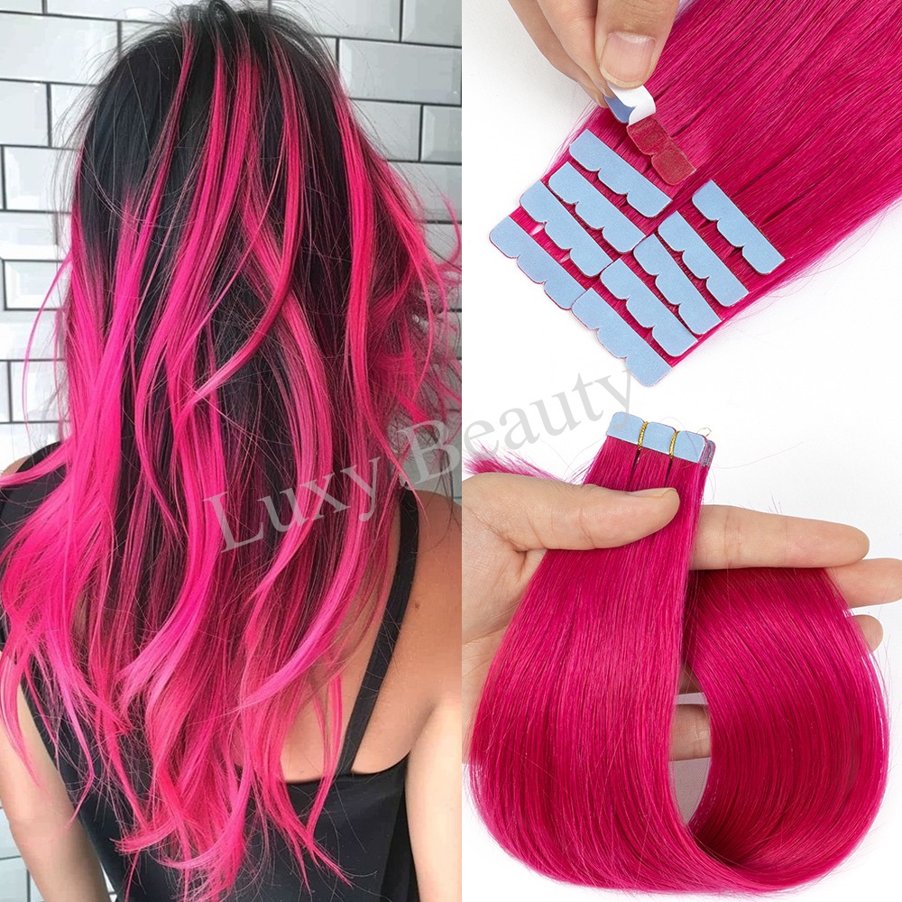 色付きピンクミニテープヘアエクステンション目に見えないシームレステープ人毛 10 ピース/セット赤、緑、紫、青ミニテープヘア