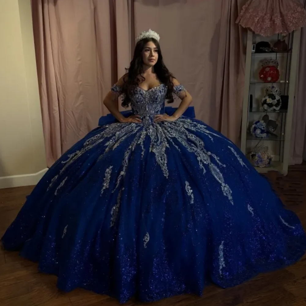 BOMARIS ロイヤルブルー王女キンセアニェラドレス弓 Vestidos デ 15 アノス XV レースキラキラボールガウン誕生日パーティーカスタマイズ