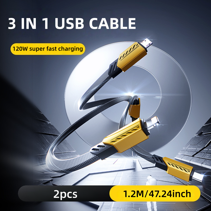 2本の120W 3-in-1高速充電メカニカルデータケーブルは、iPhoneおよびXiaomiマルチポートマルチ充電ケーブルに適しています。