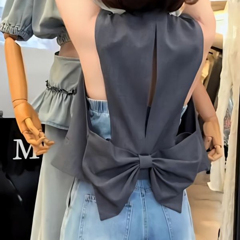 Fashion Simple Grey Bow Coat Vest for Women Y2k V-neck Single Breasted Tops Mujer 2026 Summer New Sleeveless Loose Jackets