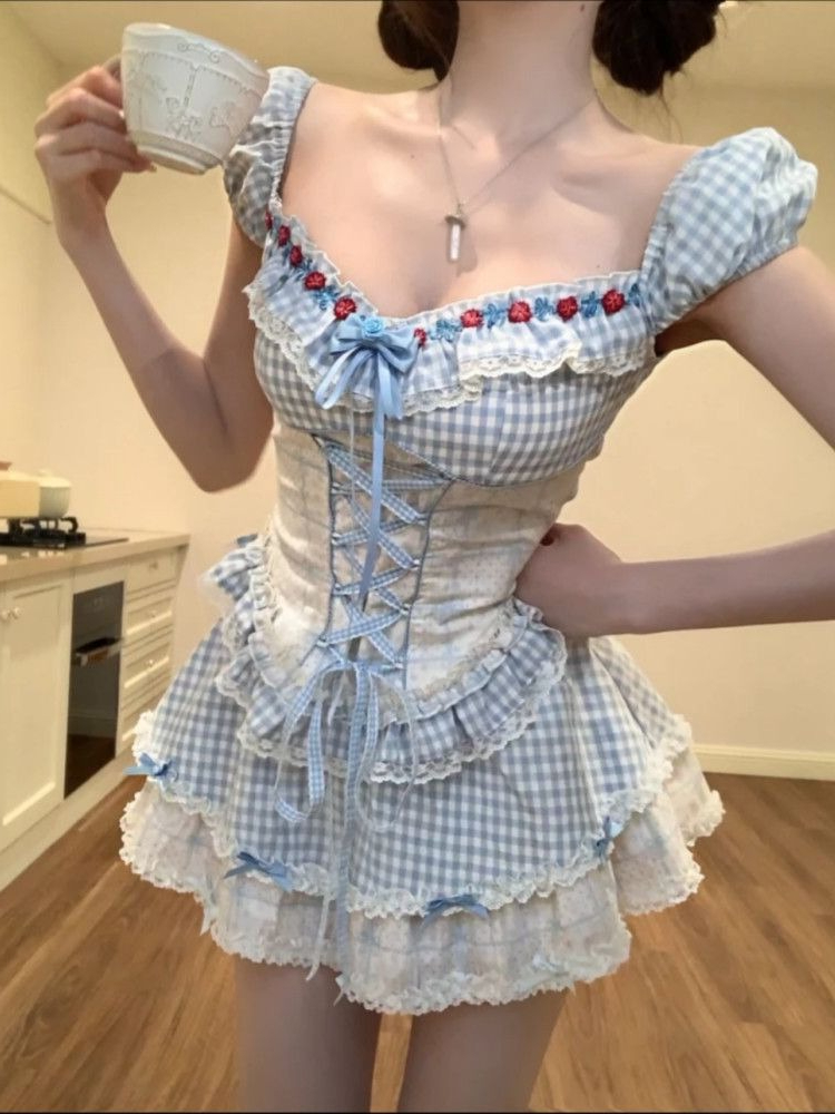 韓国スタイルの夏の女性 2 点セット Y2k スリムウエストトップスチェック柄ミニスカートヴィンテージハイストリート女性のセクシーなデザインセンス衣装