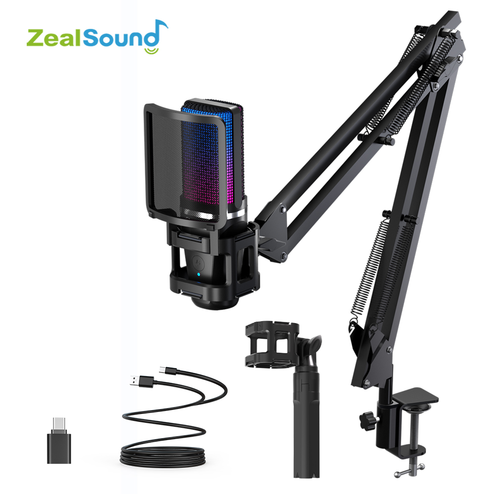 Zealsound RGB 録音マイク多関節アーム/USB コンデンサーマイク三脚付きゲームポッドキャスティングストリーミング Youtube