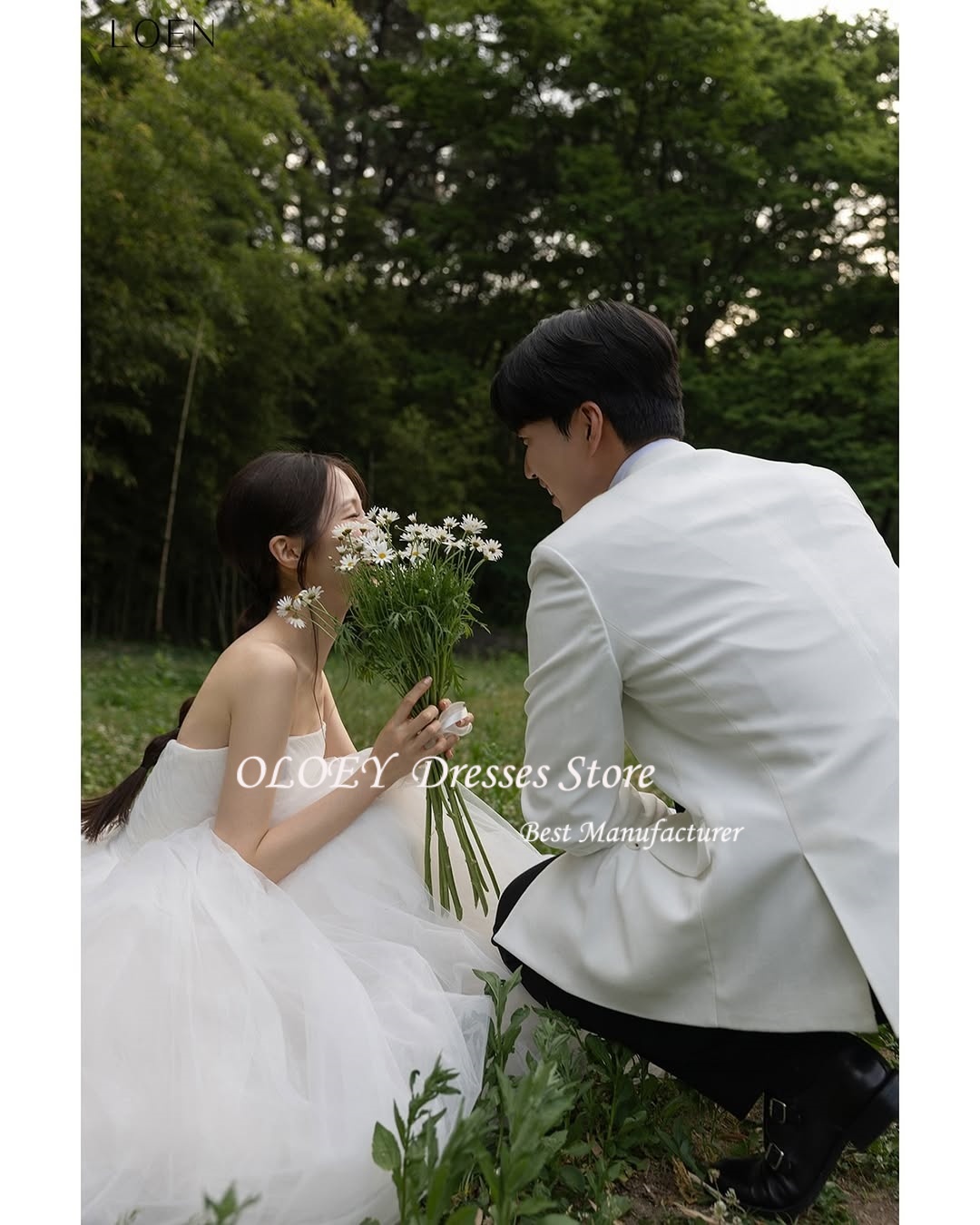 OLOEY ストラップレス韓国ウェディングドレス写真撮影ソフトチュールロングドレスブライダルドレスコルセットバックカスタマイズ웨딩드레스 マリアージュ