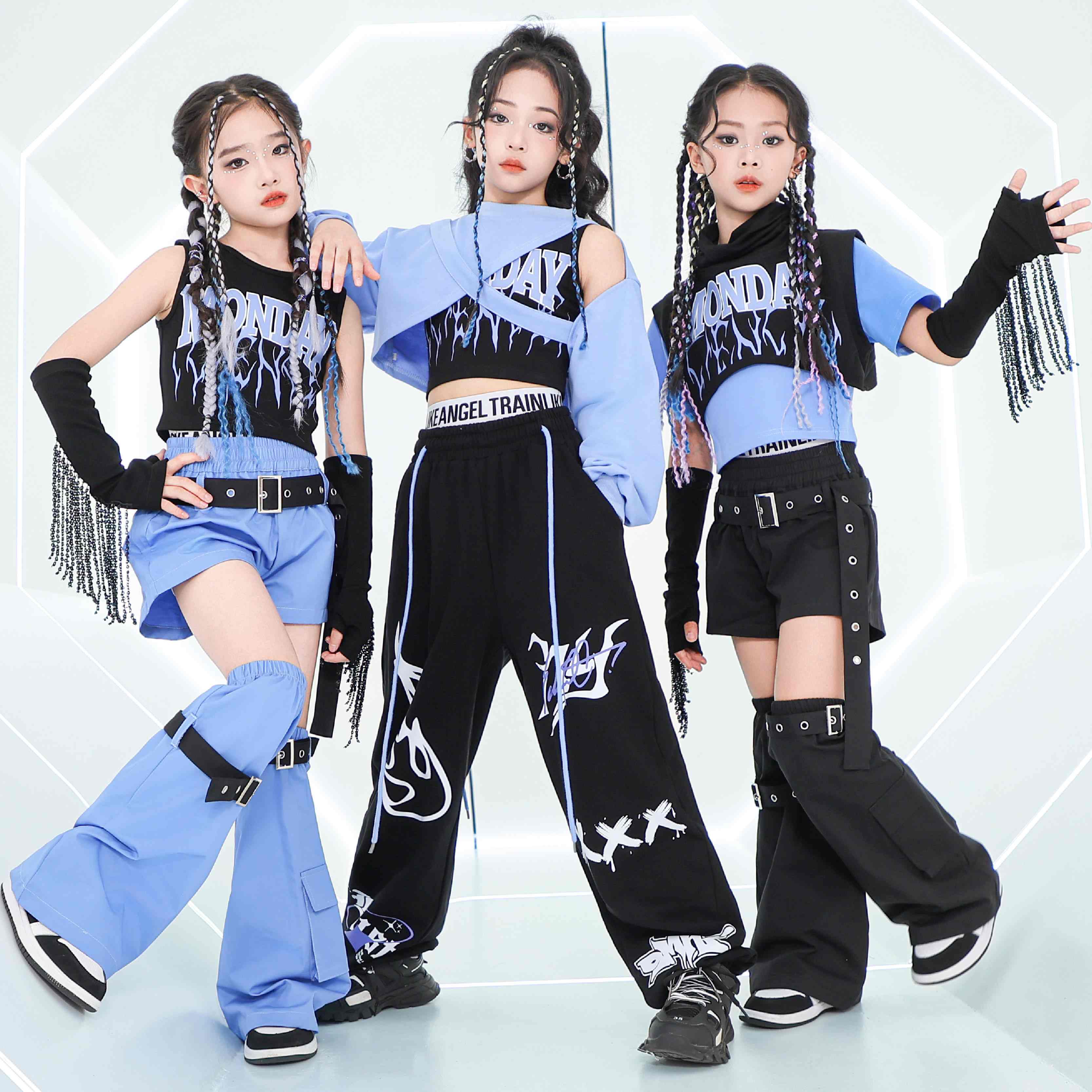 ニューキッズガールズグループジャズダンス衣装ブルーセットヒップホップダンス服モダン K-pop パフォーマンス衣装クロップトップスパンツ BL14066