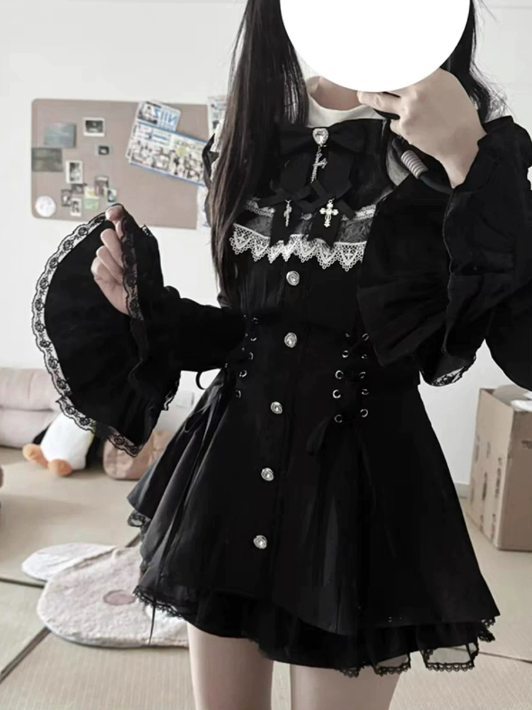 Japanese Gothic Retro JK Dress Women Harajuku Y2k Bow Lace Sweet Mini Dresses New Vintage Slim Patchwork Elegant Party Outfit